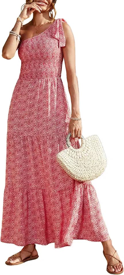 PRETTYGARDEN Women's One Shoulder Boho Floral Maxi Dress