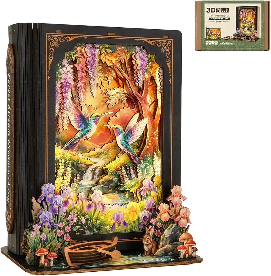 3D Puzzles for Adults-Forest Dreamscape, DIY Book Nook Kit with LED Nightlight, 3D Wooden Puzzles Hummingbird Forest Storybook Puzzle, Home Decor Gift for Adults Book Lovers