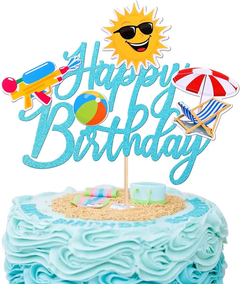 1 PCS Summer Beach Happy Birthday Cake Topper Glitter Ball Sun Umbrella Water Gun Pool Cake Pick for Hawaiian Holiday Baby Shower Birthday Party Cake Decorations Supplies Blue
