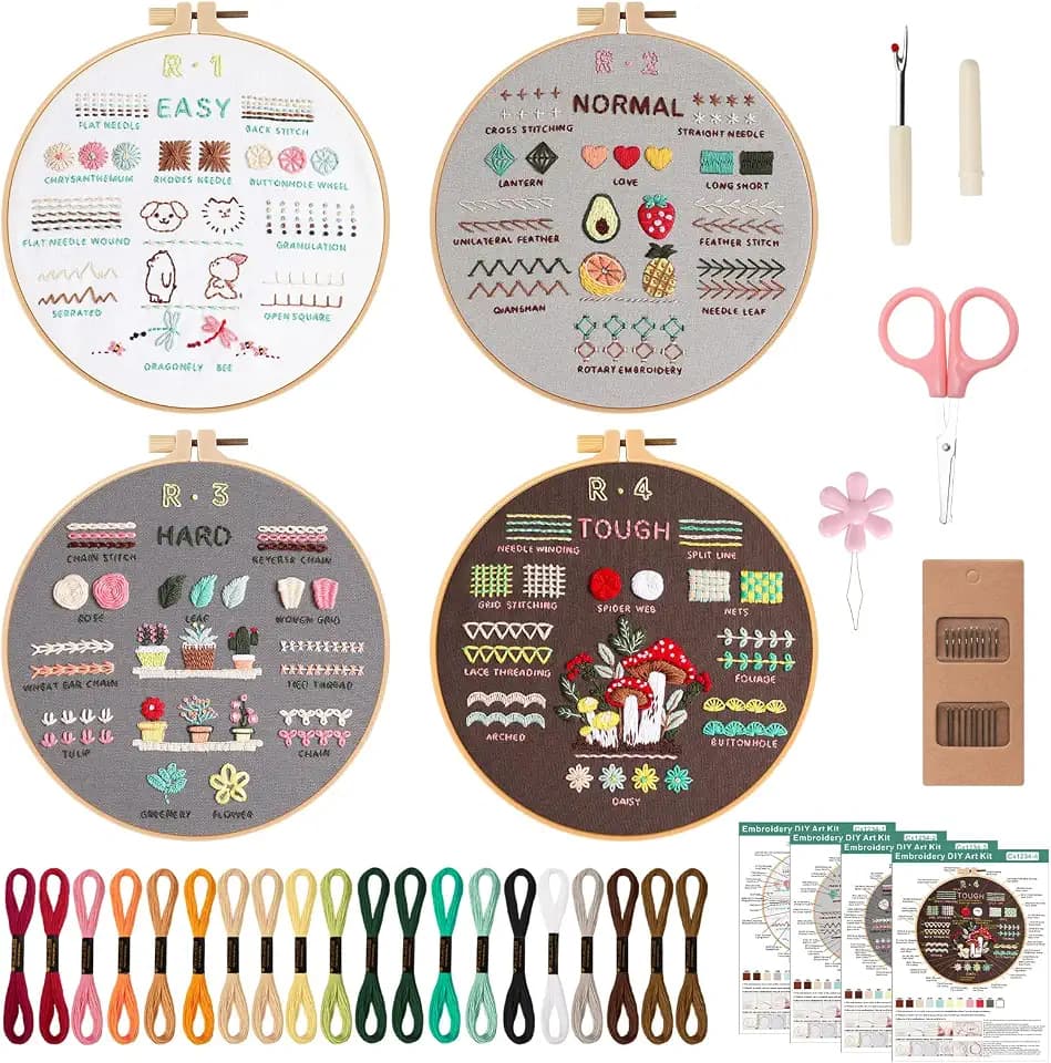 VynyQoo 4pcs Stickset für Anfänger, Sticken Set Erwachsene, Embroidery Kit mit Kunststoff Stickrahmen, Stickerei Starter Set, Stickerei Lernset mit 4 Stickmuster Video und Anleitung für DIY Handwerk