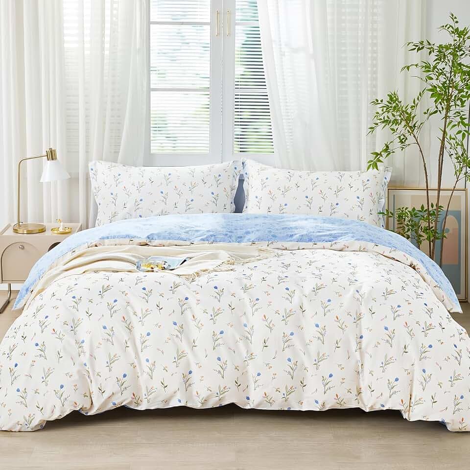 SAPHREAS Bettwäsche 200x200 Blumen Bettwäsche Sets Baumwolle Blau Pflanzen Botanisch Blumenmuster Bettwäsche 3teilig Kuschelige 1 Bettbezug 200x200 cm mit Reißverschluss + 2 Kissenbezug 80x80 cm