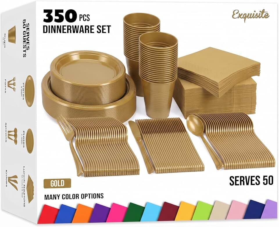 350 Pcs Gold Plastic Plates for Party Gold Disposable Plates Set 50 of Each 9 Dinner Plate Set 7 Dessert Plate Cups Napkins & Cutlery Plastic Dinnerware Set Exquisite