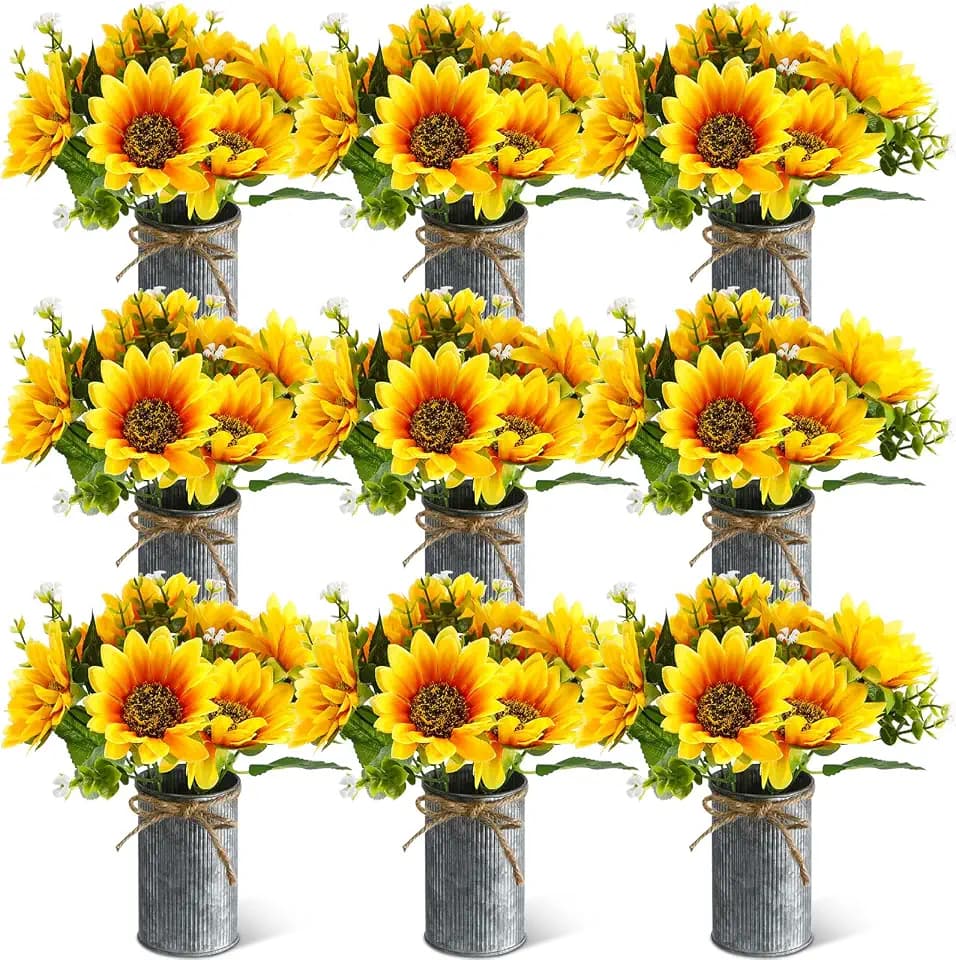 9 Sets Sunflowers Centerpieces for Tables, Artificial with Vase, Vintage