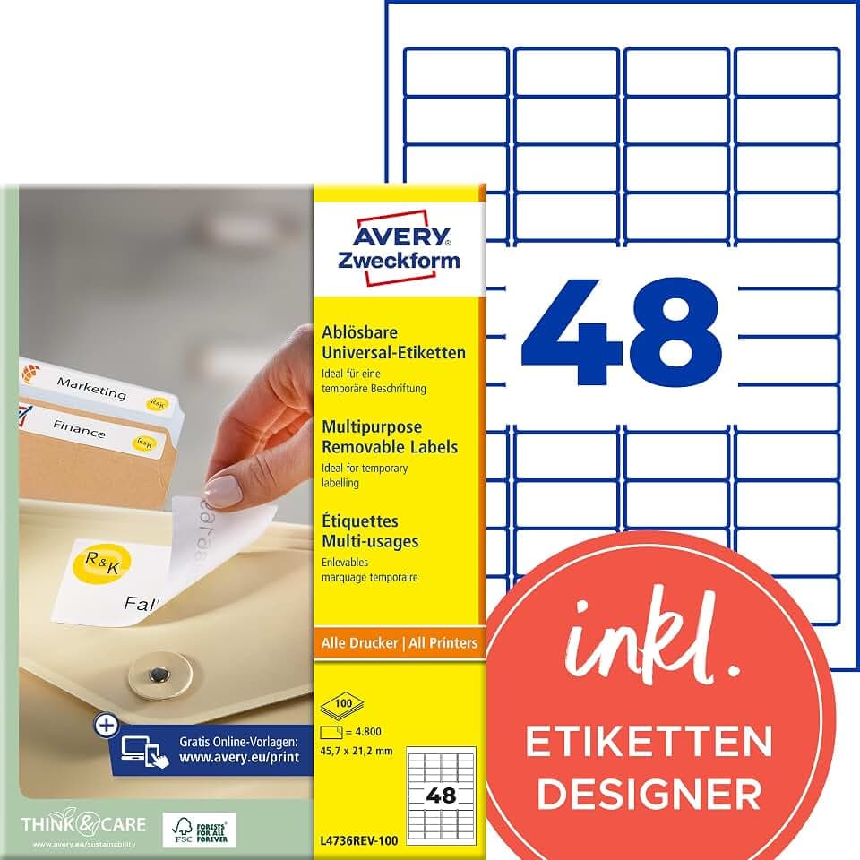 AVERY Zweckform L4736REV-100 Universal Etiketten (4.800 Klebeetiketten, 45,7x21,2mm auf A4, wieder rückstandsfrei ablösbar/abziehbar, individuell bedruckbare, selbstklebende Aufkleber) 100 Blatt, weiß