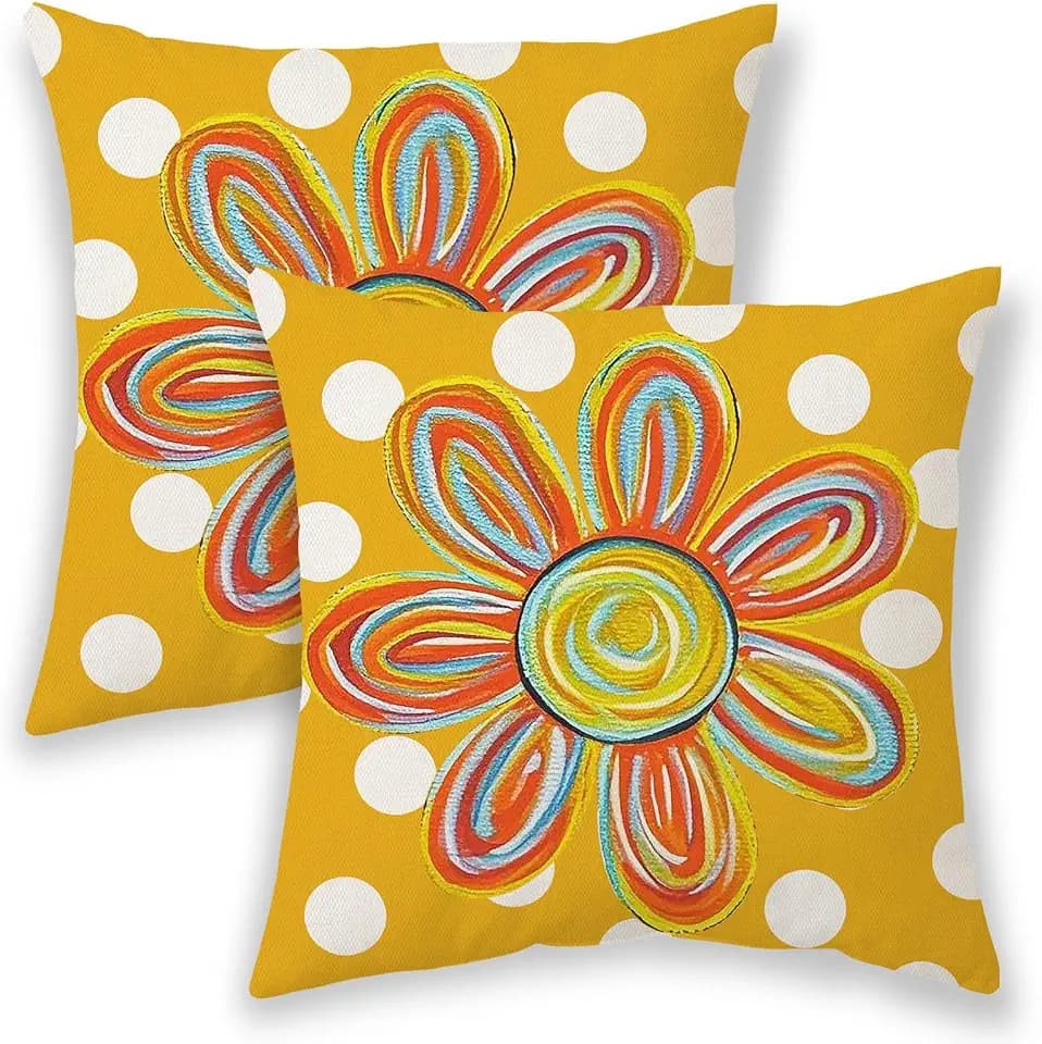 Mustard Yellow Floral Pillow Covers 16x16 Inch 2 Pcs,Polka Dot Colorful Flower Summer Outdoor Decorative Throw Pillows,Holiday Farmhouse Decor Pillowcase Linen Cushion Cover for Home Couch Sofa