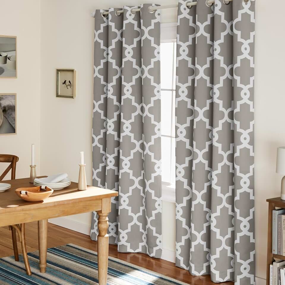 TOWN & COUNTRY EVERYDAY Ironwork Geo Trellis Sateen Indoor Curtains, Room Darkening Blackout, Grommet Top, Energy Efficient, 2-Pack Set, 52"x96", Silver