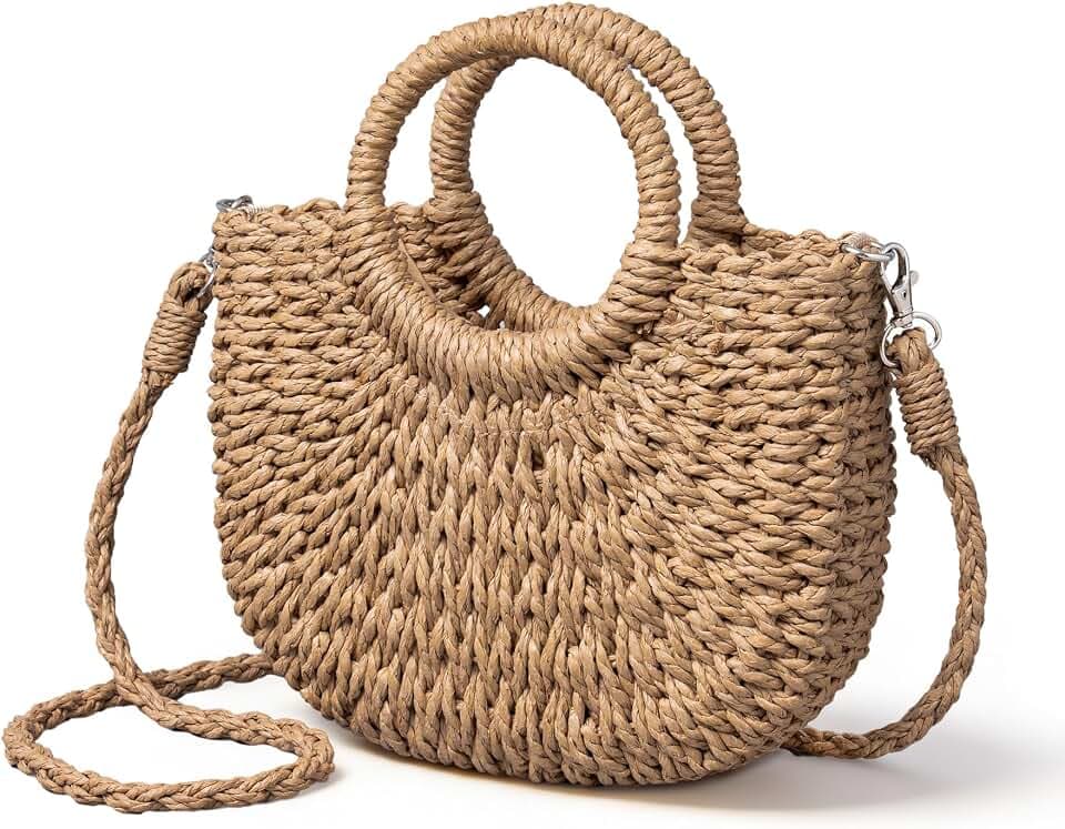 Rancco Straw Bags for Women, Rattan Purse with Round Wooden Handle, Detachable & Adjustable Beach Purses, Womens Shoulder Bag for Vacation Travel Casual Daily Use,10.25 * 9.25in