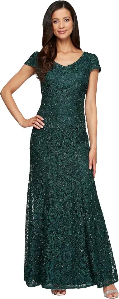 Alex Evenings Womens Long Rosette Mother of The Bride Dress with Short Sleeves, Wedding Guest (Petite and Regular Sizes)