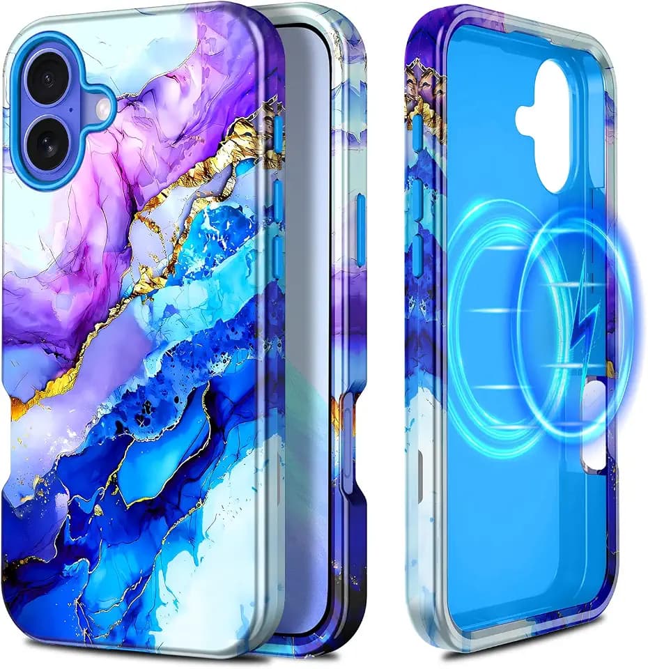 Casetego for iPhone 16 Case,Compatible with MagSafe,[Military Grade Drop Test] Full Body Protection Slim Shockproof Rugged Marble Women Girls Case for iPhone 16 6.1 inch,Azure Blue