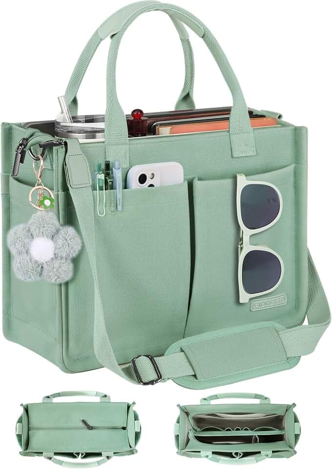 FIORETTO Womens Canvas Tote Bag Purse with Individual Compartment, Zipper Top, Reinforced Bottom & Luggage Sleeve