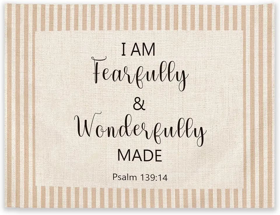 Christian Nursery Linen Wall Tapestry, Bible Verses Tapestry Wall Hanging, I Am Fearfully and Wonderfully Made Religious Canvas Banner Hanging Walls Decor for Kids Room Bedroom Playroom, 30x40in