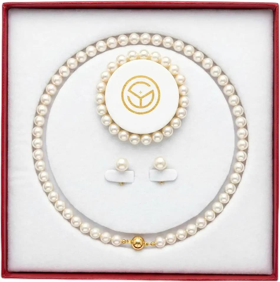 8mm Handmade Simulated Pearl Jewelry Set for Women, Necklace Bracelet Earrings 3 Piece Set, 18K Gold Plated Titanium Steel, 925 Sterling Silver Ear Posts, Luxury Gift Box Packaging