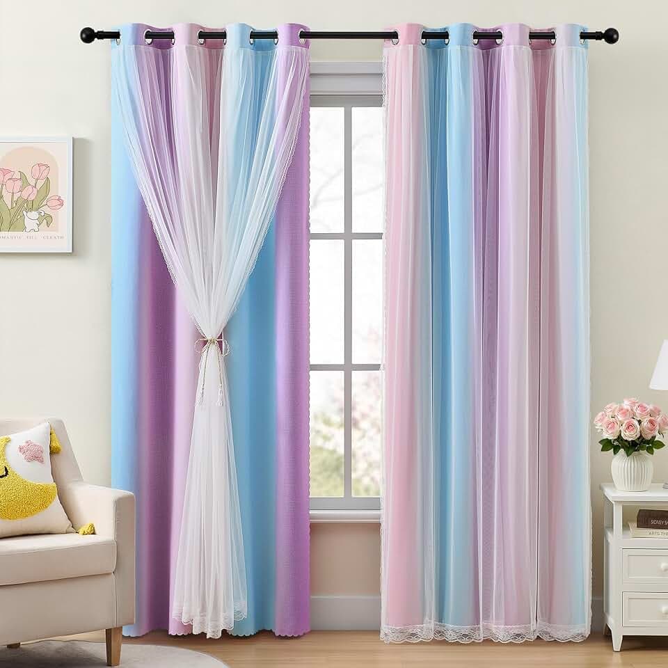 XiDi Blackout Curtains with Sheer Overlay for Girls Bedroom 2 Panels 63 Inches Long Ombre Pink Purple Curtains Colorful Rainbow for Kids Room Unicorn Princess Theme Home Decor Grommet Drapes W52XL63