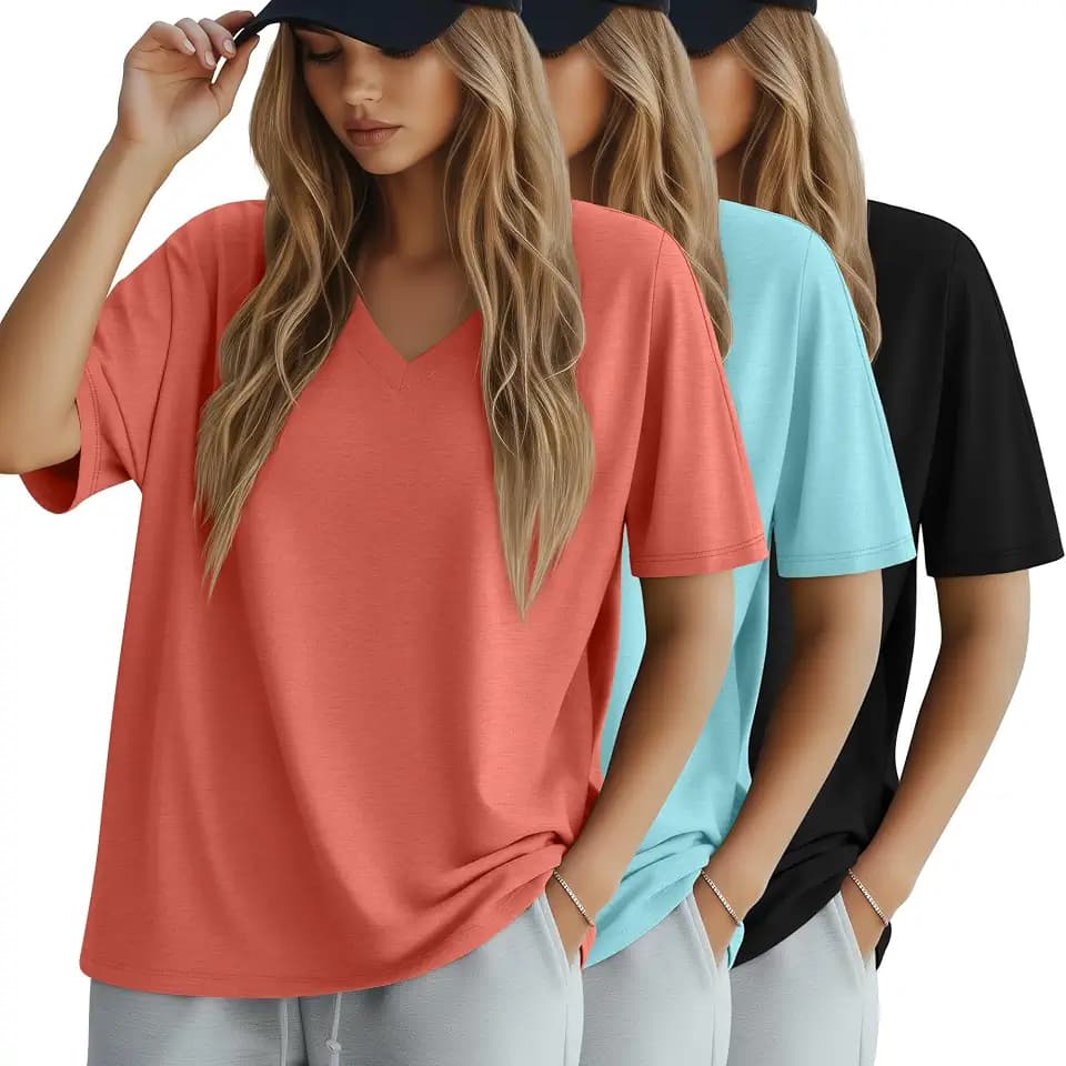 Huukeay 3 Pack Women's Oversized Cotton Shirts V Neck Summer Top