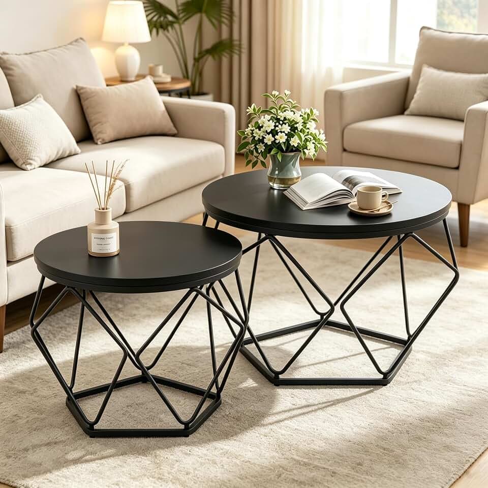 DUMOS Round Coffee Table Set of 2, Nesting Tables for Living Room Home