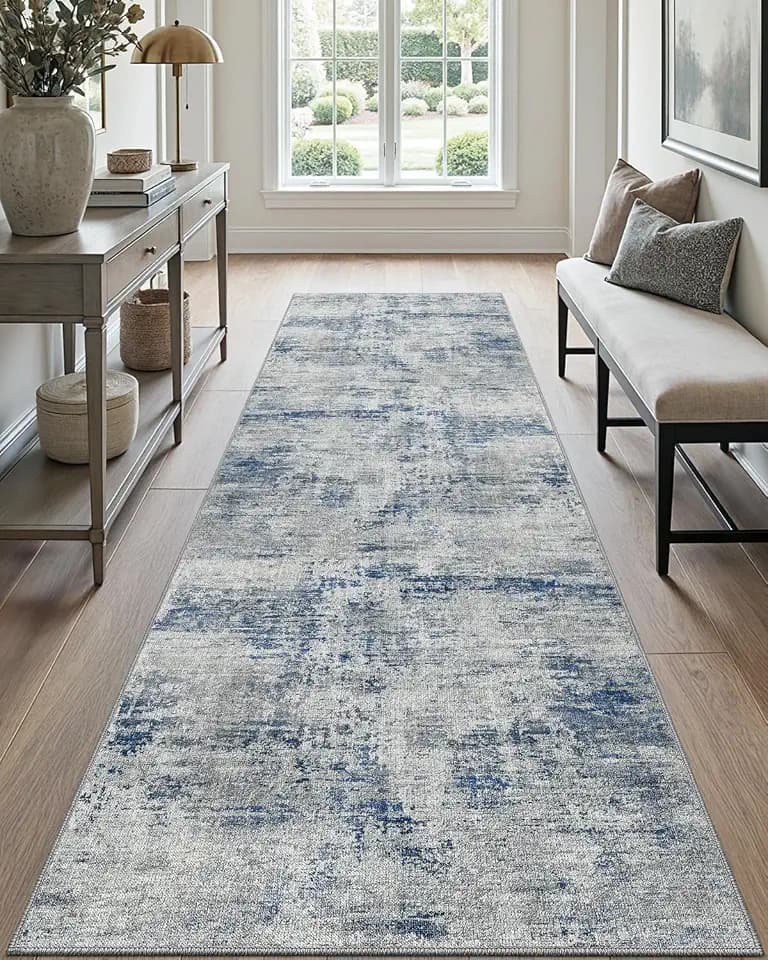 DEXI 3x8 Abstract Runner Rug for Hallway Washable Non Slip Backing, Blue