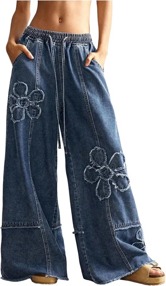 BEAUDRM Women's Y2K Baggy Jeans Wide Leg Jeans Denim Boho Pants