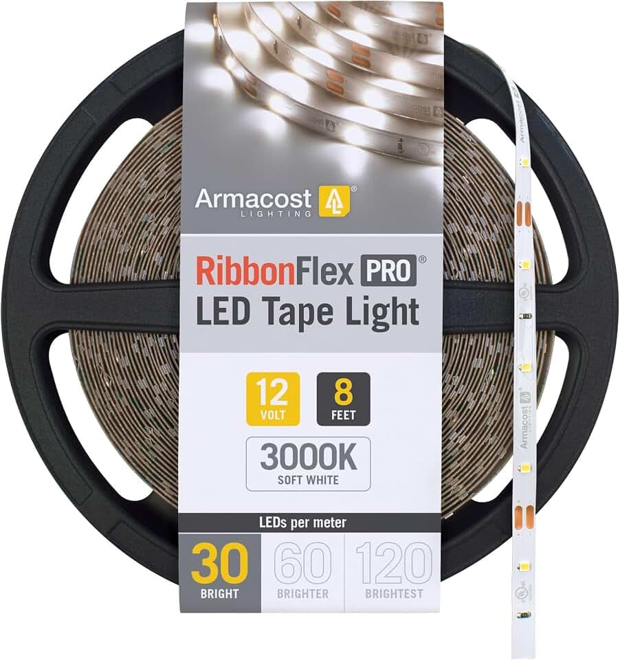 Armacost Lighting RibbonFlex Pro 12V White LED Strip Lights 30 LED/m, 3000K, 8.2 ft, 141210