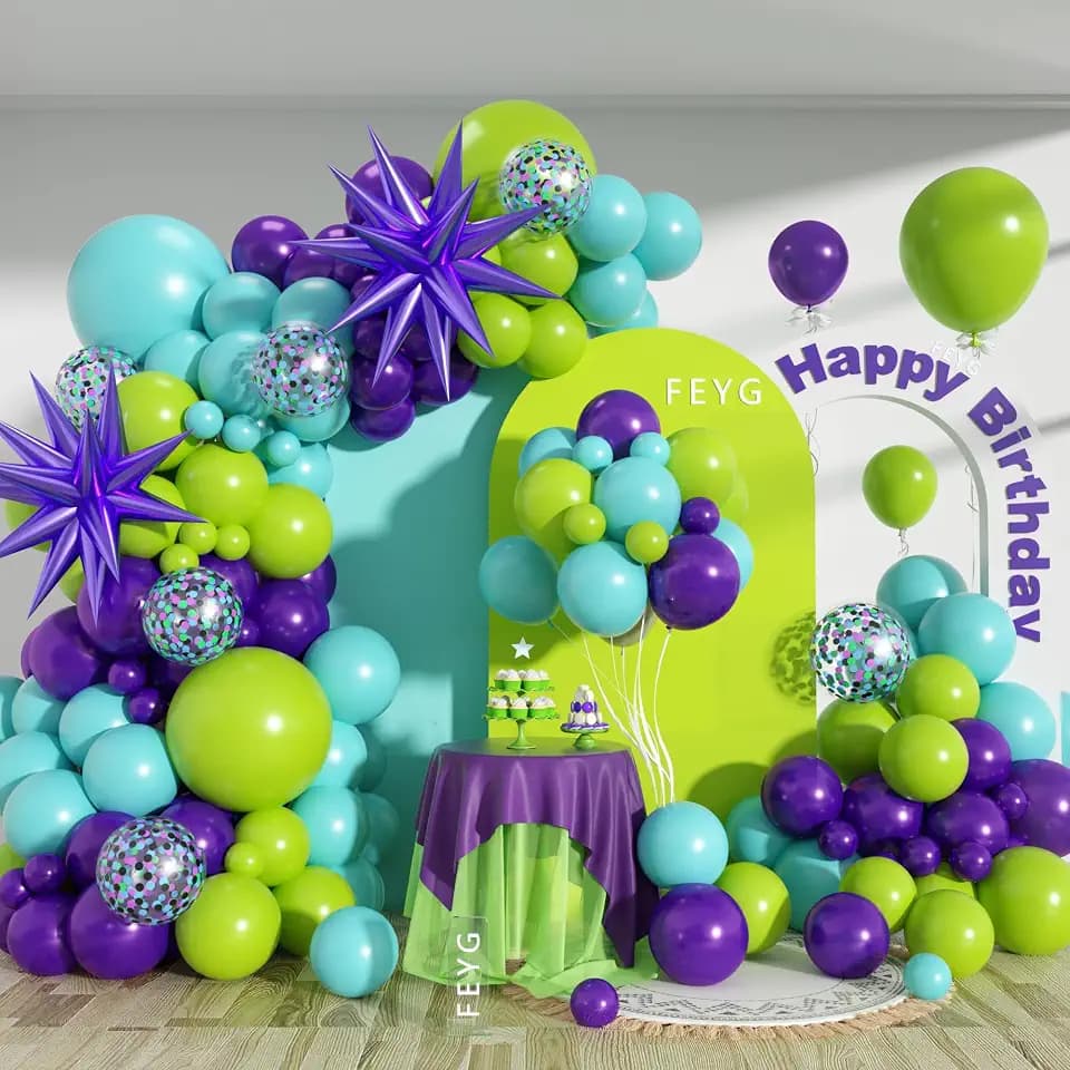 Green Purple Teal Balloons Garland Arch, Green and Purple Party Decorations
