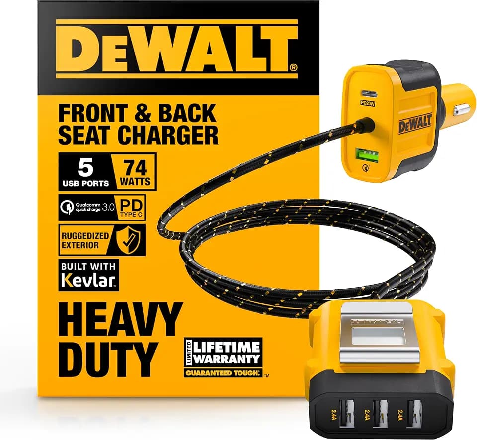 DEWALT Heavy Duty 72W 5 Port USB Car Charger Multiport, iPhone 17/18