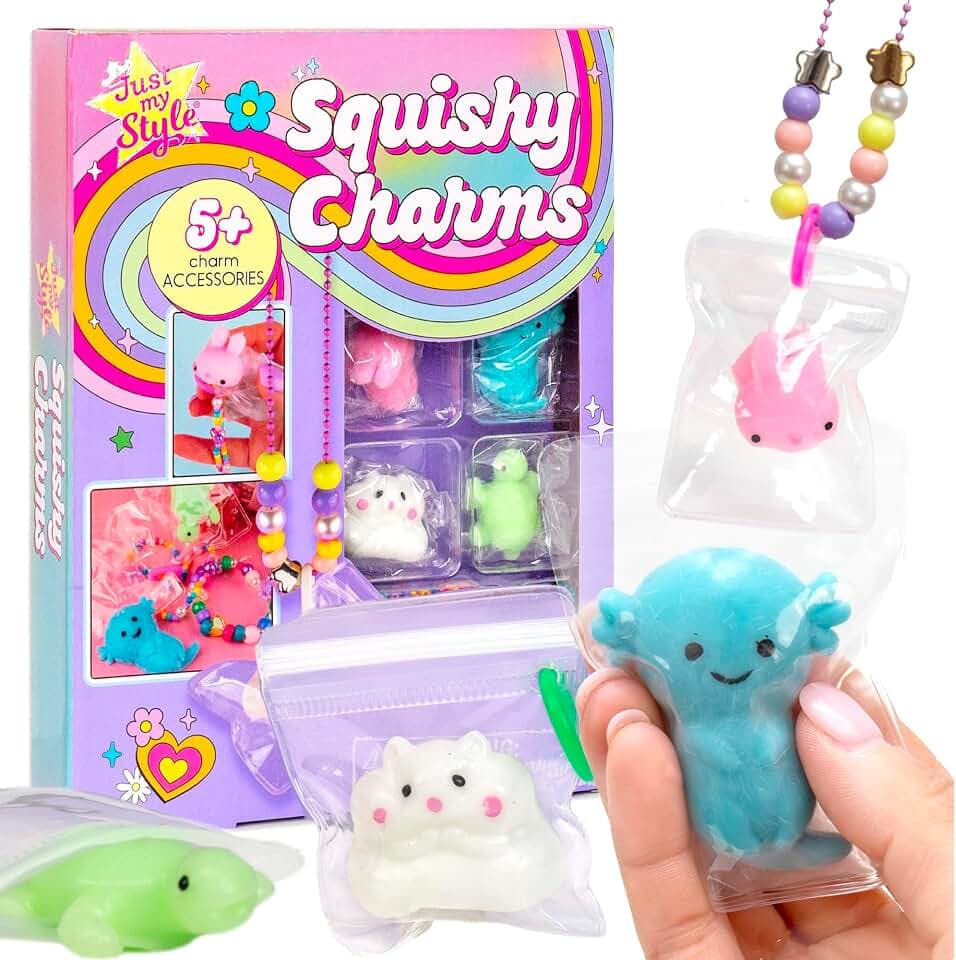 Just My Style Squishy Charms, Create 5 Squishy Bag Charms, Necklaces, Friendship Bracelets with Kawaii TPR Squishies in Pouches & Beads for Jewelry Making, Unique Jewelry Making Kit, Gifts for Girls