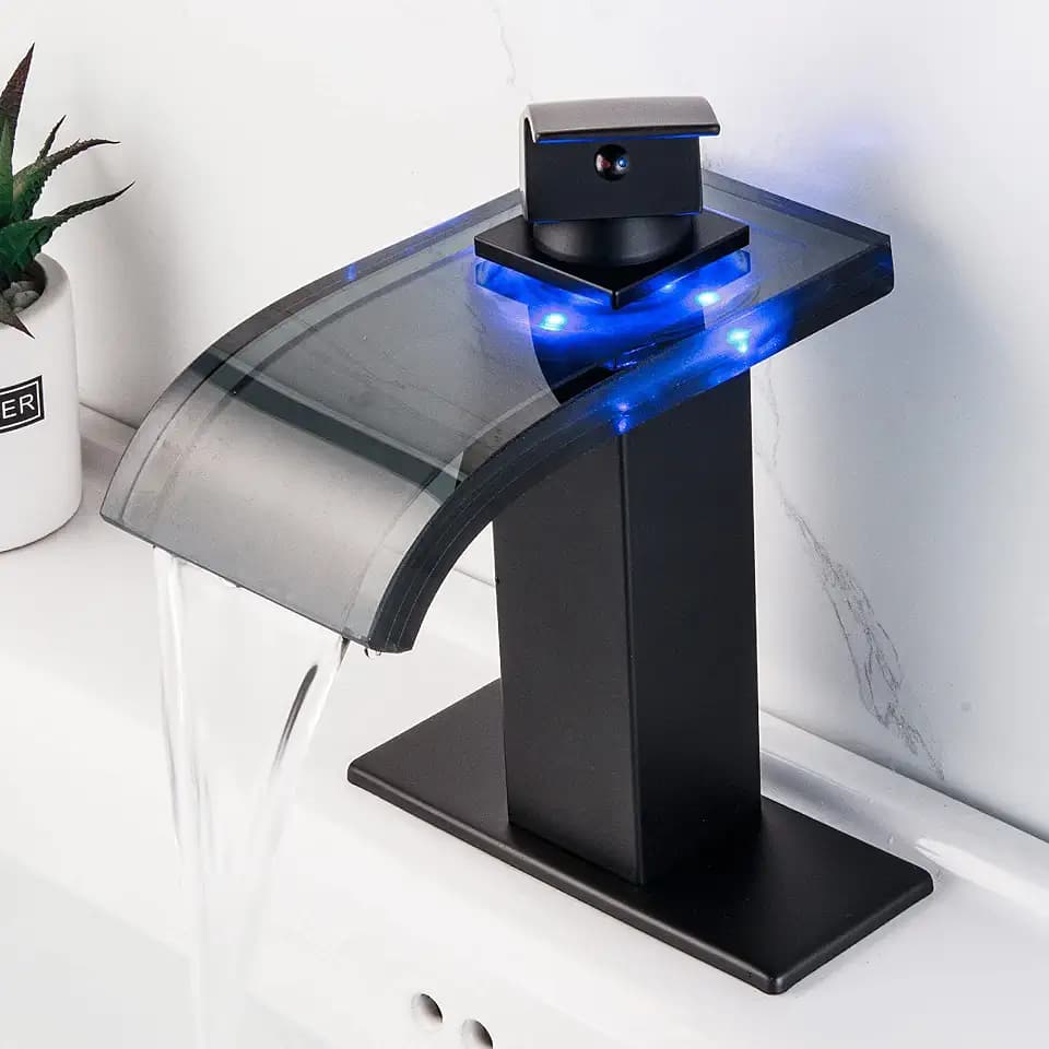 LED Bathroom Faucet, Black Waterfall Bathroom Faucet, Bathroom Faucet with Light, Waterfall Bathroom Sink Faucet, Bathroom Faucets for Sink 1 Hole, 4 Inch Centerset Bathroom Faucet