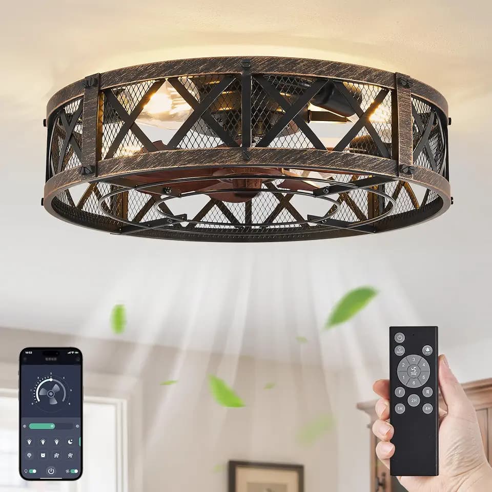 LEDIARY 20" Caged Farmhouse Ceiling Fan with Light, Flush Mount, Black Gold