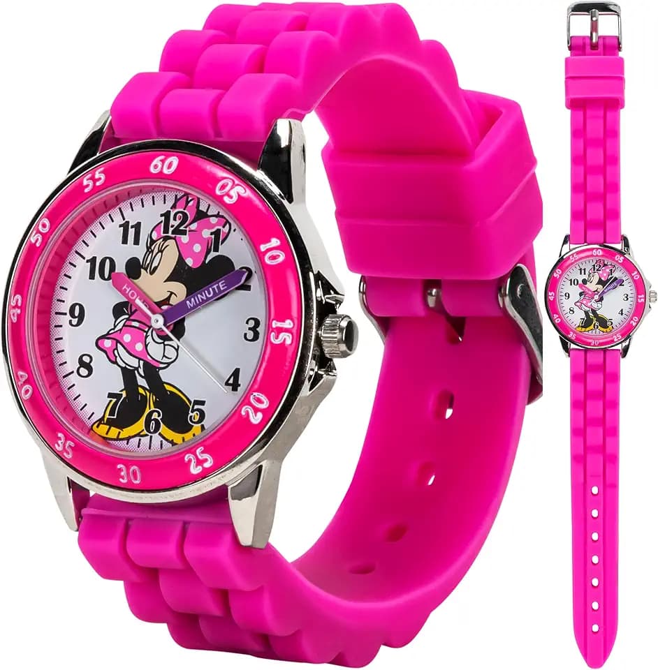 Minnie Mouse Time Teacher Watch for Girls - Analog Time Learning with Easy-to-Read Numbers and Comfortable Silicone Band