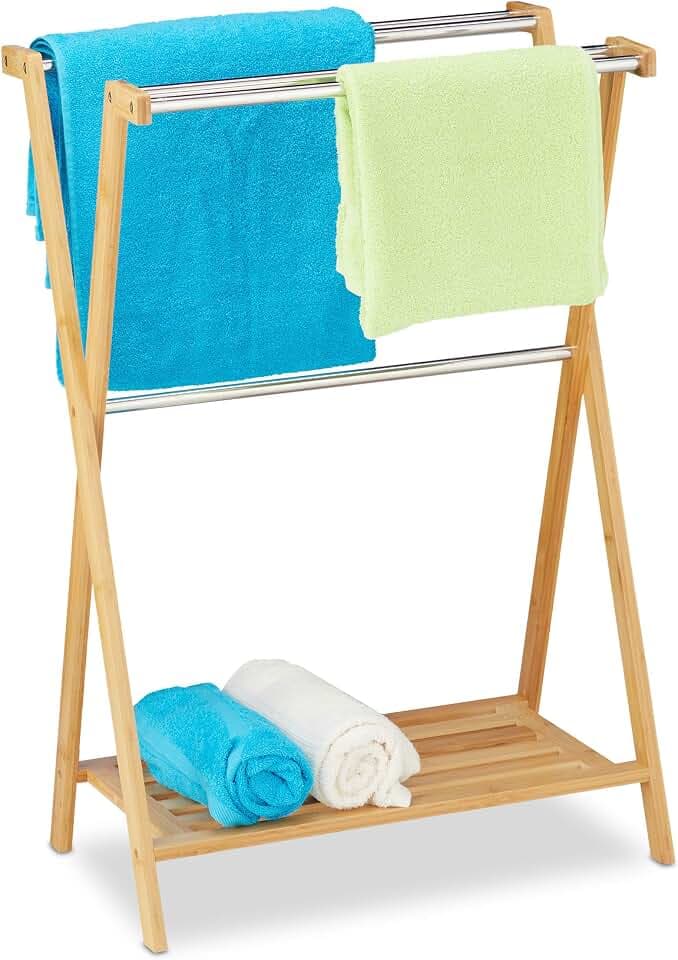 Relaxdays Handtuchhalter stehend, 5 Stangen, Bambus, Edelstahl, Natur