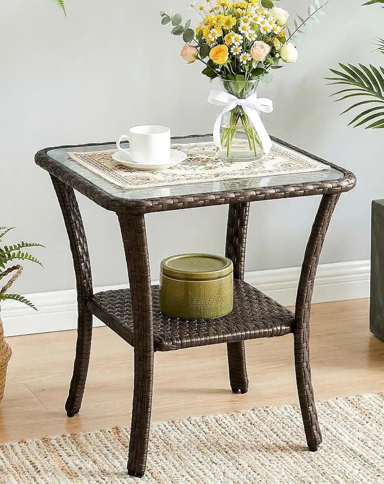 Tribesigns Outdoor Wicker Side Table with Tempered Glass Top, 2-Tier Rattan Patio End Table with Storage Shelf, All-Weather Brown Wicker Bistro Table for Porch, Balcony, Backyard, Poolside