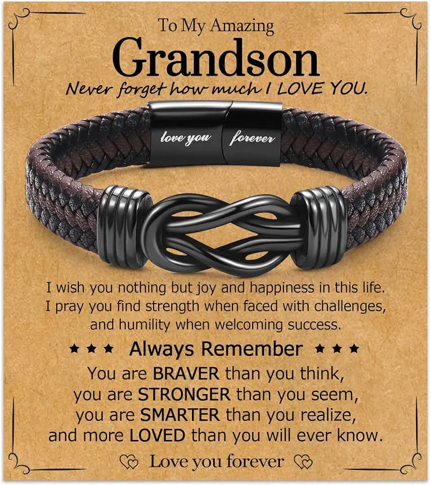Gifts for Dad Son Grandson Boyfriend Husband, Cool Infinity Leather Bracelet for Him Birthday Christmas Anniversary Valentine's Day Present Ideas for Men