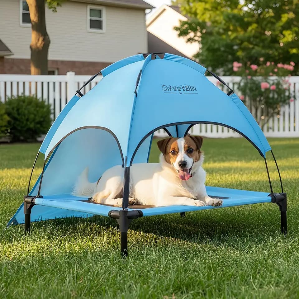 Outdoor Elevated Dog Cot with Canopy & Side Shade, Blue