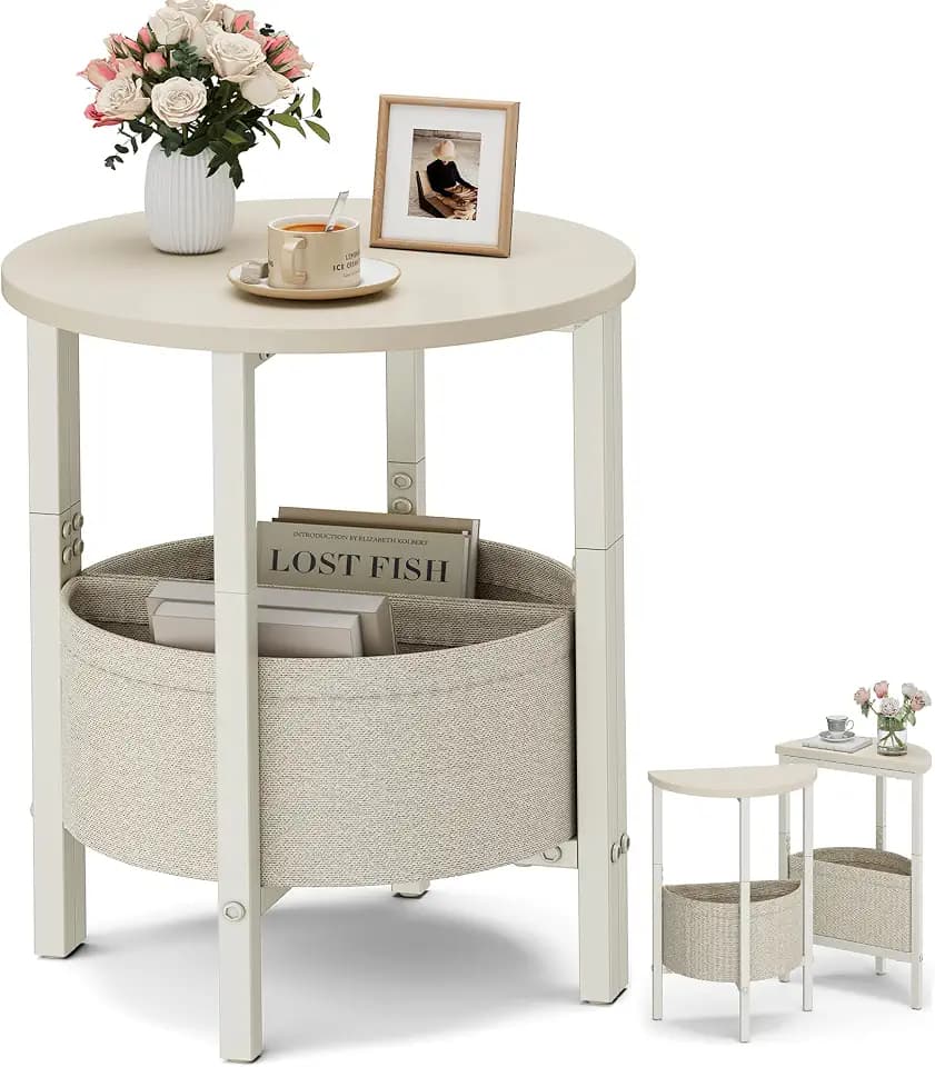 Vagusicc Small Round Side Table End Table, Tall Accent Table with Storage Basket, Set of 2 Half Round Tables Half Moon Tables, Coffee Bedside Tables, Modern Nightstand for Living Room Bedroom, Cream