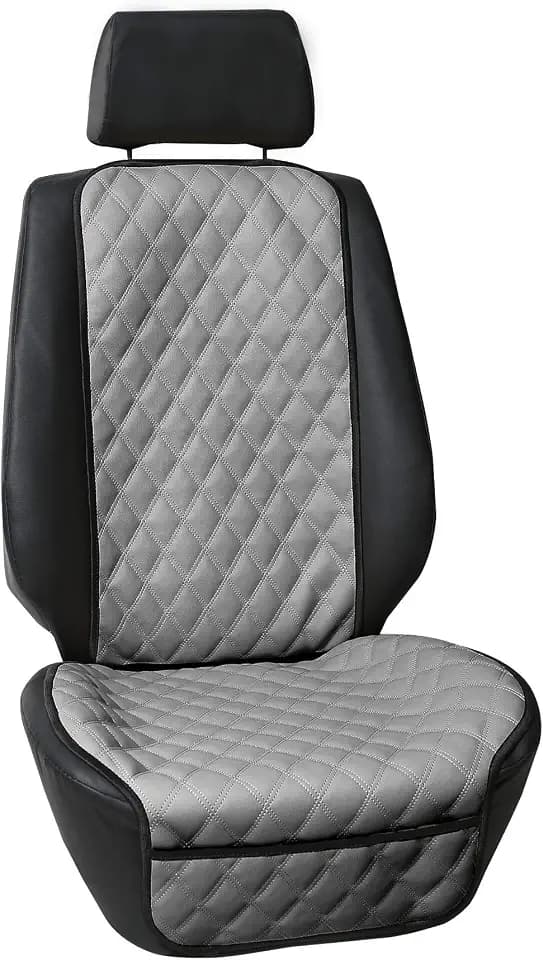 FH Group Car Seat Cushion – Faux Leather Single Front Seat Cover with Front Pockets, Airbag Compatible, Universal Fit Car Seat Cushion for Driver or Passenger Seat, SUV, Truck, Sedan & Van – Gray