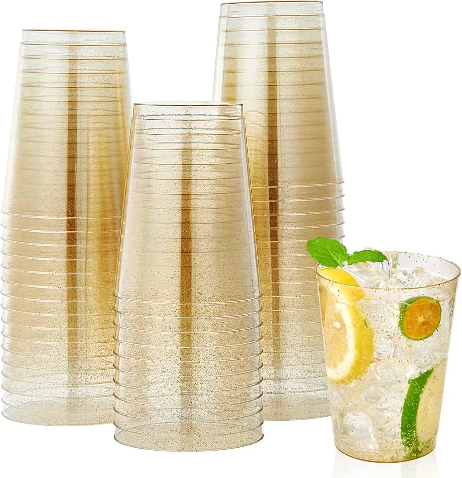 JOLLY CHEF Gold Glitter Plastic Cups 10 oz Disposable Tumblers 100 Pack