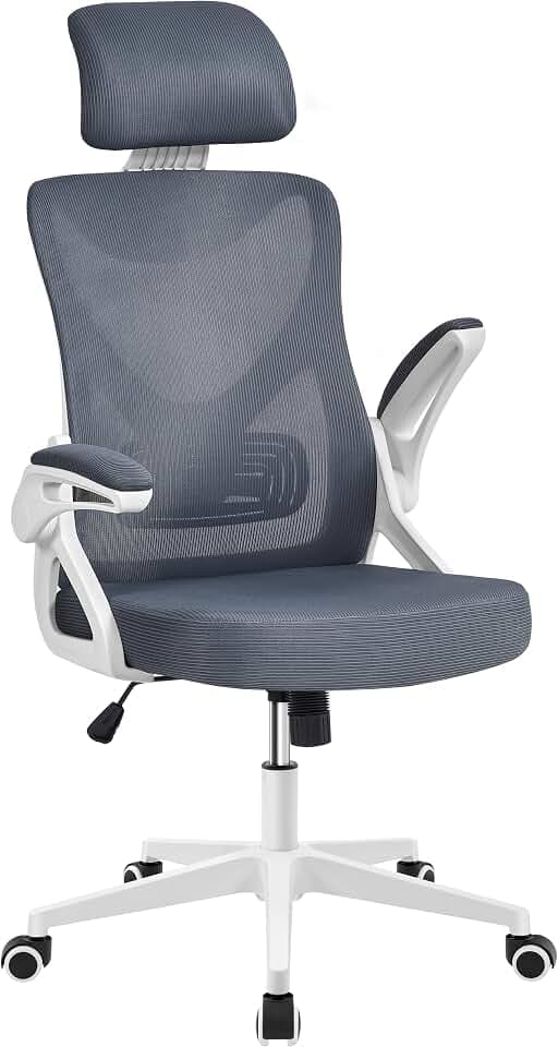 Yaheetech Bürostuhl Ergonomisch Schreibtischstuhl mit Kopfstütze Weiß/Grau | Drehstuhl mit Hochklappbaren Armlehnen & Rückenlehne Chefsessel Wippfunktion, bis 150 kg Belastbar