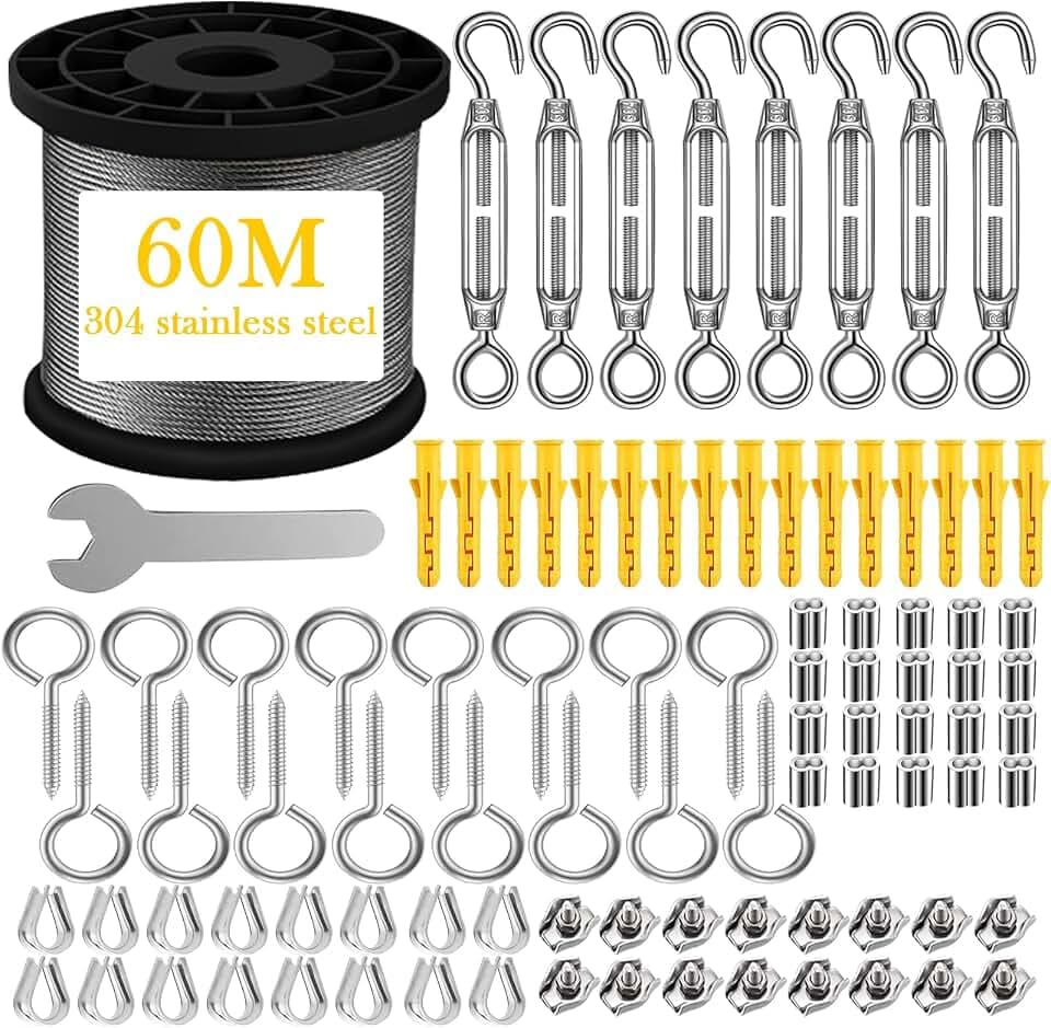 Drahtseil 2mm 60M, 304 Stahlseil mit 8pcs Spannschloss, Vinyl beschichtet String Lichter hängenden Draht für Outdoor-Camping, Spalier, Garten, Wäscheleine, Vorhang, Festival (60M 2mm)