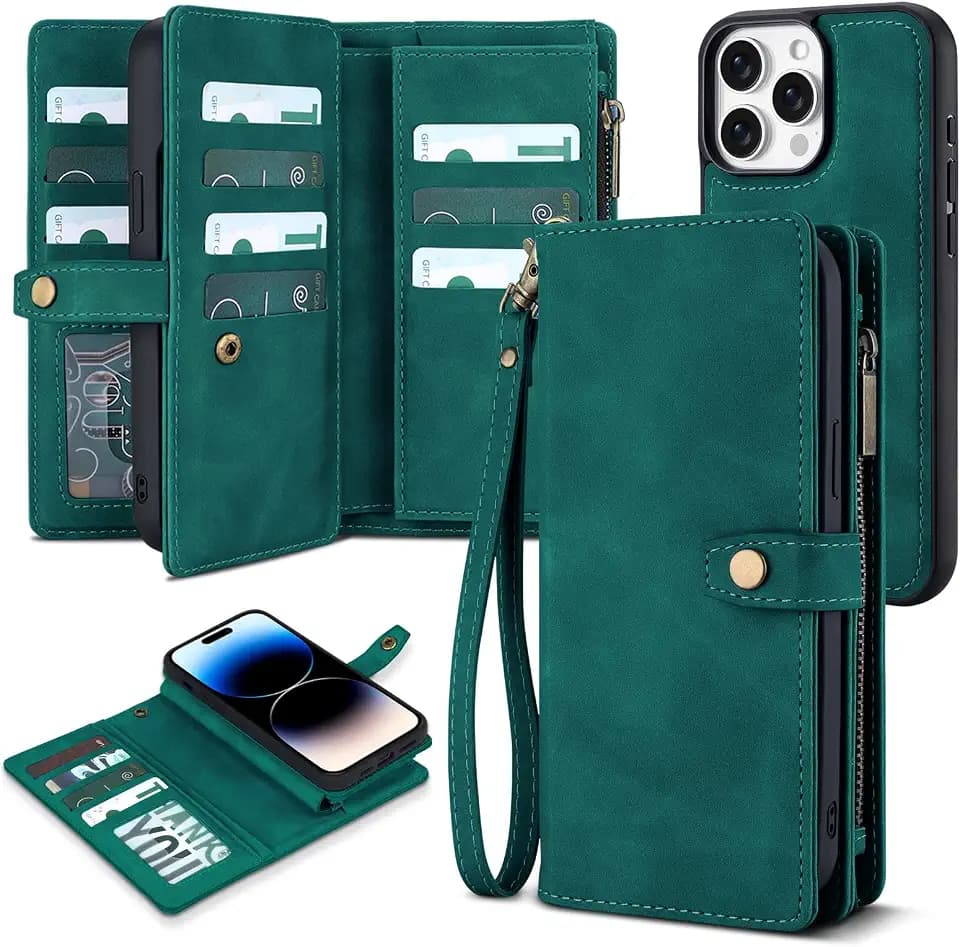 TwoHead for iPhone 14 Pro Wallet Case with 11 Card Holders,Green