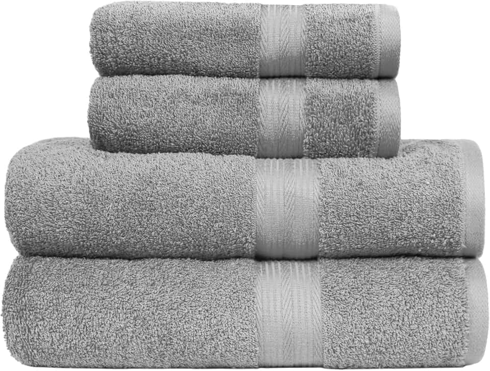 Amazon Basics Handtücher-Set, 100% Baumwolle, Farbecht, Saugfähig, 2 Badetücher, 2 Handtücher, 4-teilig, Grau