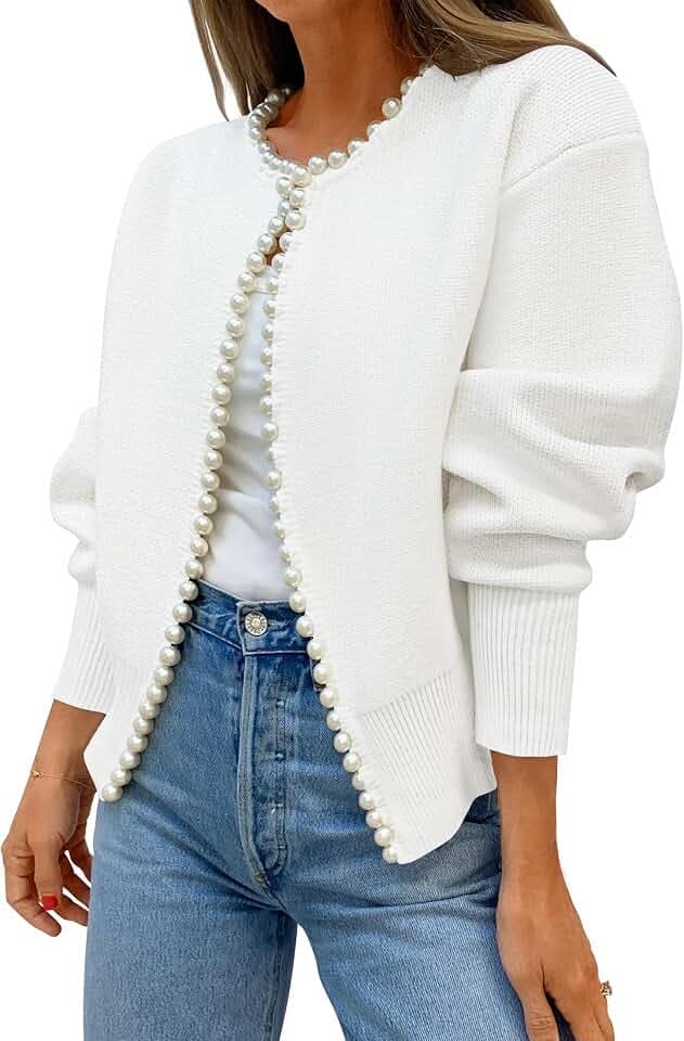 ZESICA Women's Pearls Trim Open Front Cardigan Sweater
