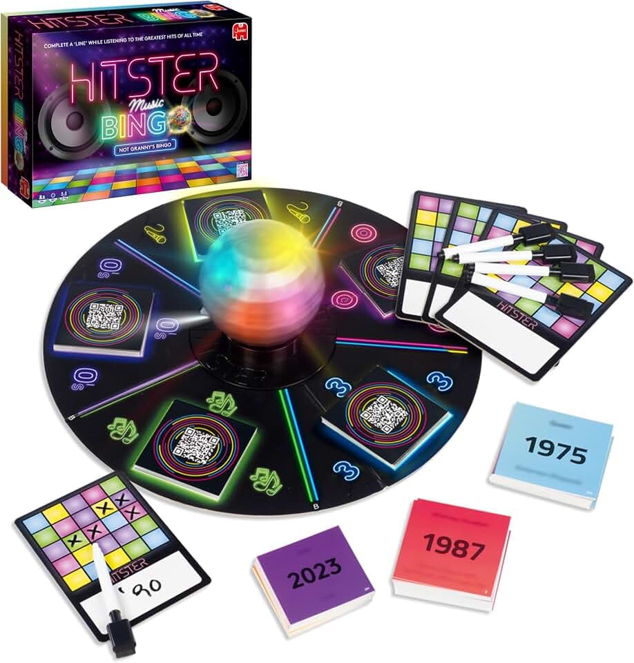 Hitster Bingo – Das elektronische Musik-Trivia-Spiel für Erwachsene – lustige Partyspiele, Musik-Quiz-Spiele & Familienspiel-Nachtaktivität – Guess that Tune Music Bingo-Spiel mit Discokugel & 225