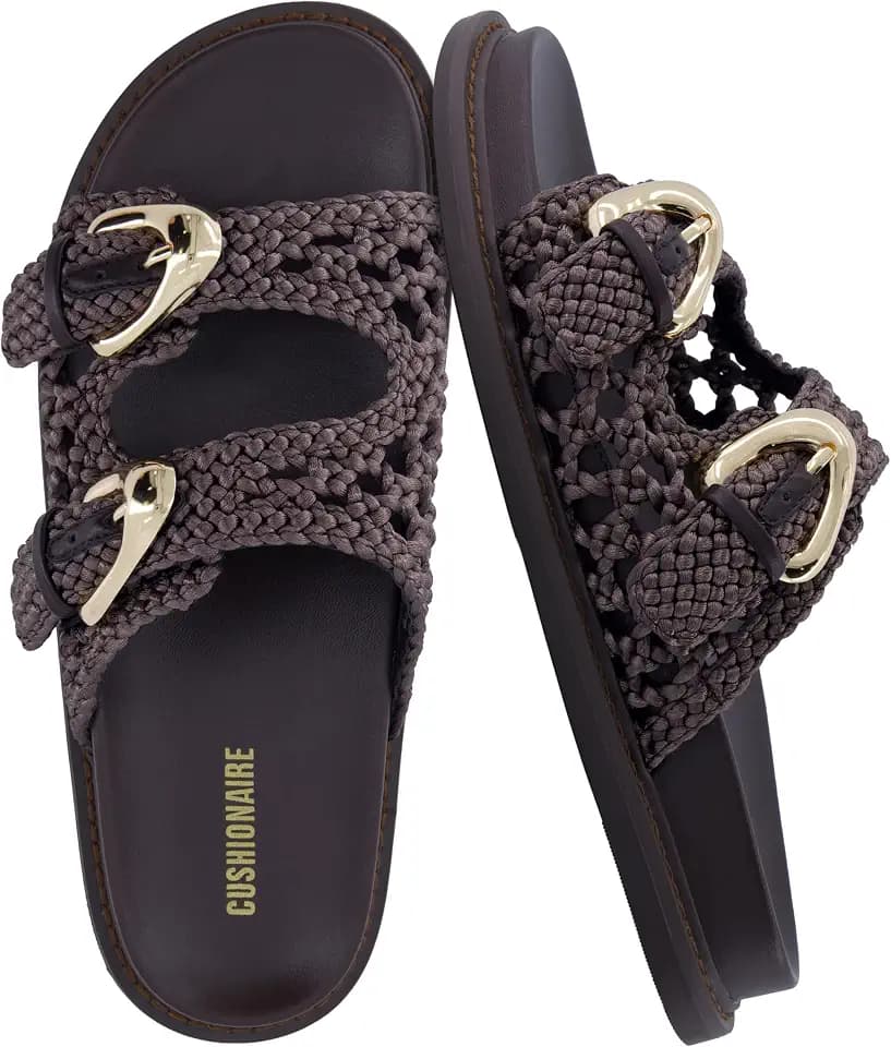 CUSHIONAIRE Wafful Women’s Braided Slide Sandals with Dual Adjustable Buckles – Memory Foam Footbed Slip-On Comfort Slides