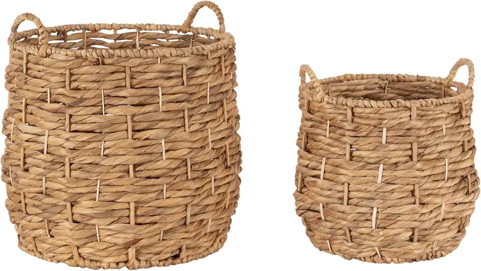 Kate and Laurel Livia Modern Two-Piece Woven Basket Set; 16 x 16 and 13 x 13; Natural Water Hyacinth; Transitional Natural Wicker Baskets for Use as Woven Planters or Living Room Blanket Baskets