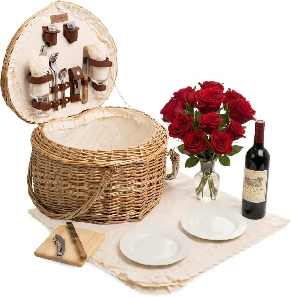 PICNIC TIME Heart Picnic Basket for 2, Wicker Basket with Handle, Complete Deluxe Service for Two, Handwoven and Sturdy Willow Constructed with Fully-lined interior and Accessories, (Antique White)