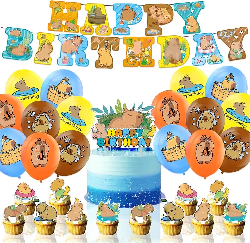 Capybara Birthday Party Supplies Includes Capybara Happy Birthday Banner, Cake Topper, Cupcake Toppers, Balloons, Cute Capybara Theme Party Decoration for Boys and Girls Birthday Party Decor