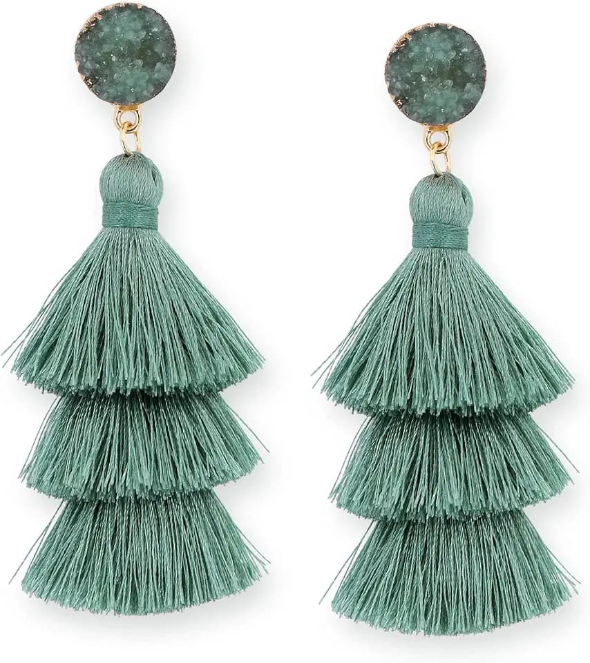 Me&Hz Colorful Layered Tassel Earrings Bohemian Statement Tiered Tassel Big Dangle Drop Earrings for Women Druzy Studs Valentine’s Day Gift