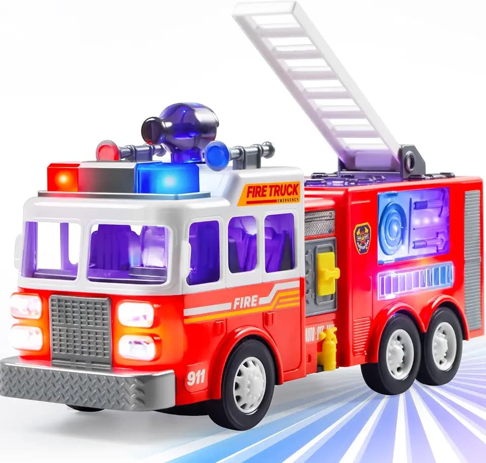 JOYIN LED-Feuerwehrauto-Spielzeug für Kinder ab 3 Jahren– LED-Projektionen und Sirenen, Bump-and-Go-Feuerwehrautos mit Modusschalter und Lautstärkeregler, Feuerwehrauto für Jungen und Mädchen