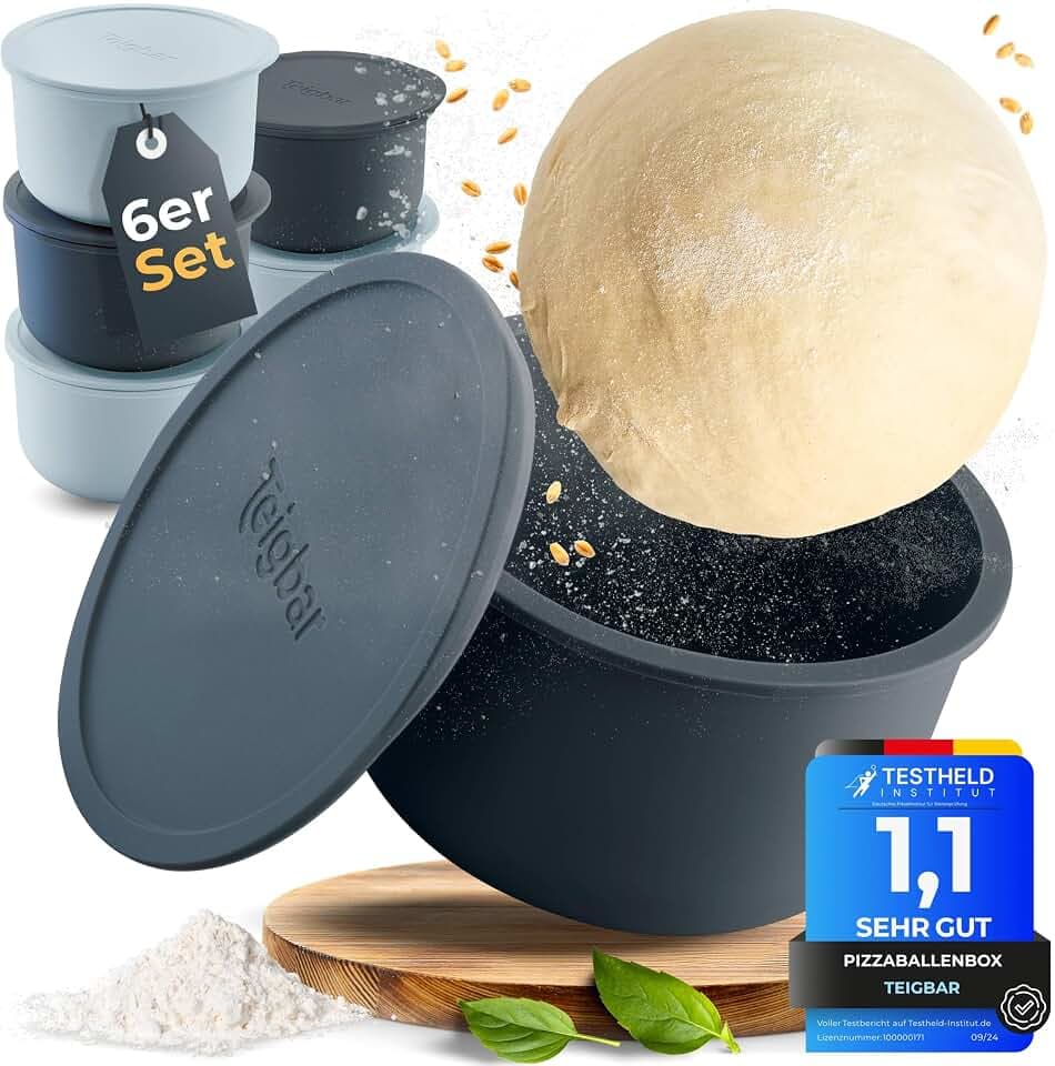 « Pizzaballenbox mit Deckel, 6er Set - platzsparende Teigbox aus löse-leichtem Silikon - bis zu 350g Pizzateig Box mit Deckel, Pizza Box - Schwarz/Grau - Ø13cm