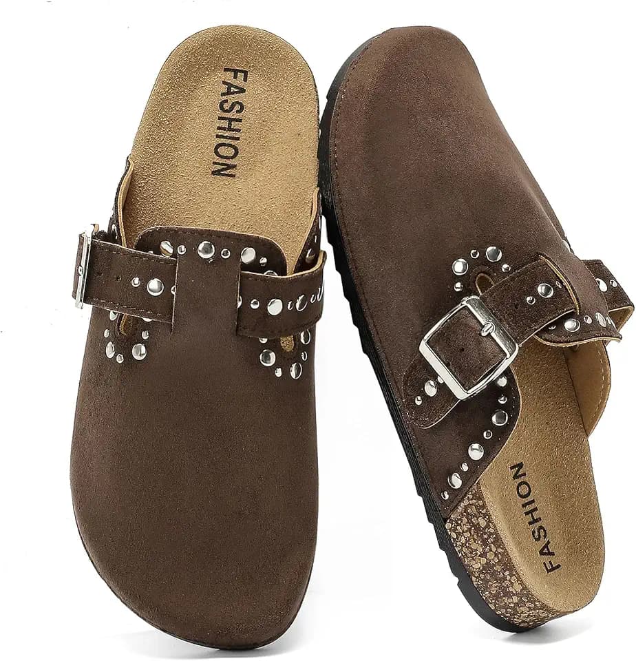 YorFotMae Suede Clogs Men Women, Cork Footbed Sandals with Buckle
