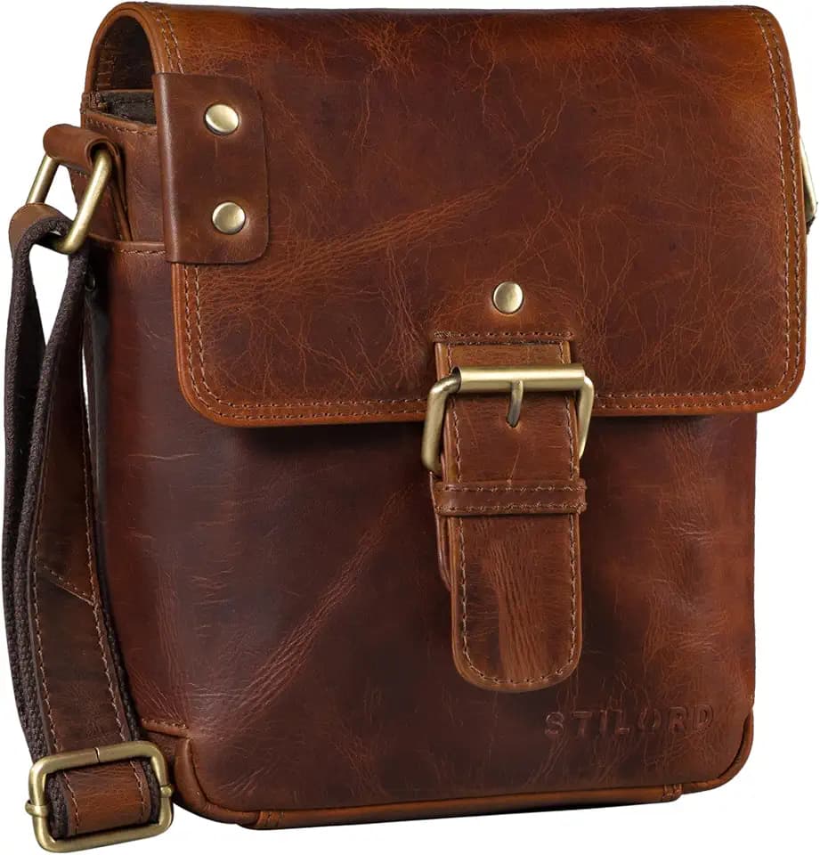 STILORD Alessio Leder Messenger Bag Männer klein Vintage Umhängetasche Herrentasche Tablettasche Schultertasche aus echtem Leder Farbe:Florida - braun